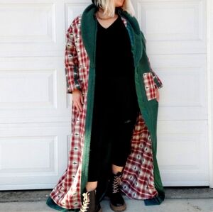Handmade Vintage BLANKET Jacket Plaid and Green Shawl Collar Coat Christmas